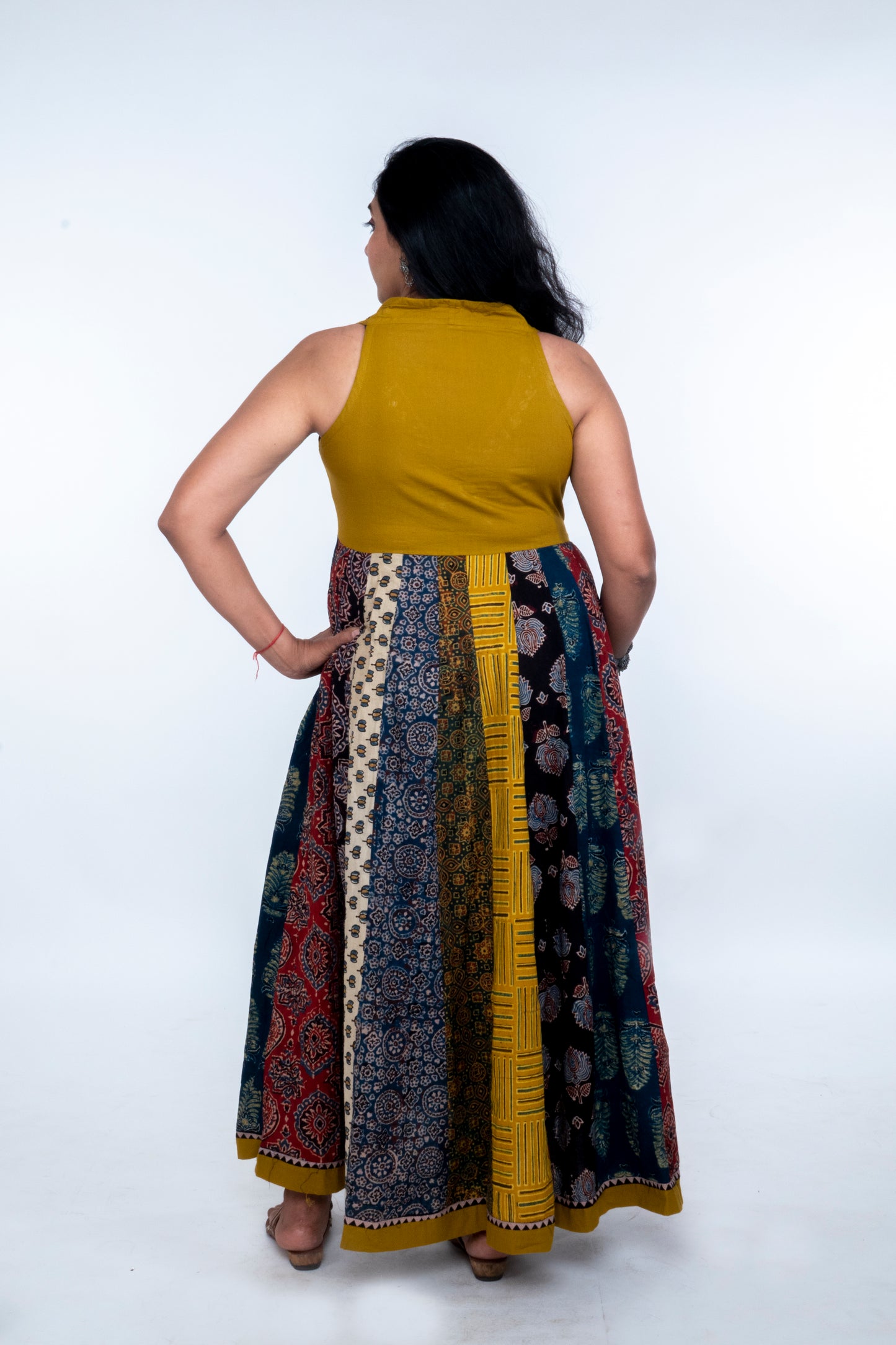 Navrang Dress - Halter Neck Multi-Kali Cotton Fusion - Mustard