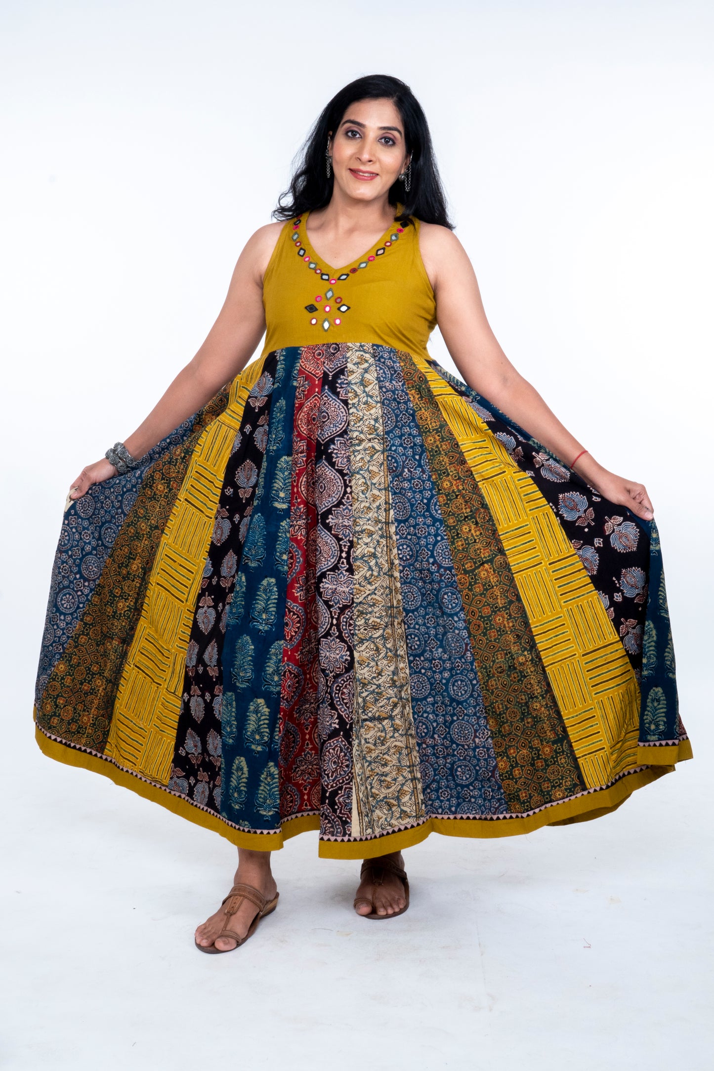 Navrang Dress - Halter Neck Multi-Kali Cotton Fusion - Mustard