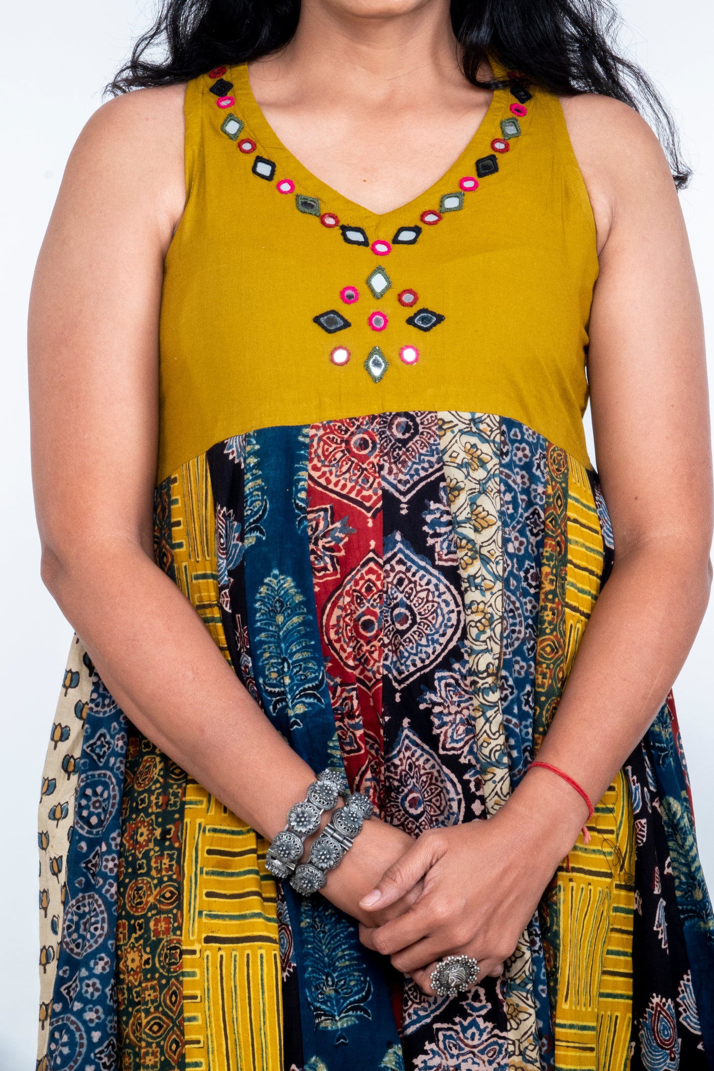 Navrang Dress - Halter Neck Multi-Kali Cotton Fusion - Mustard