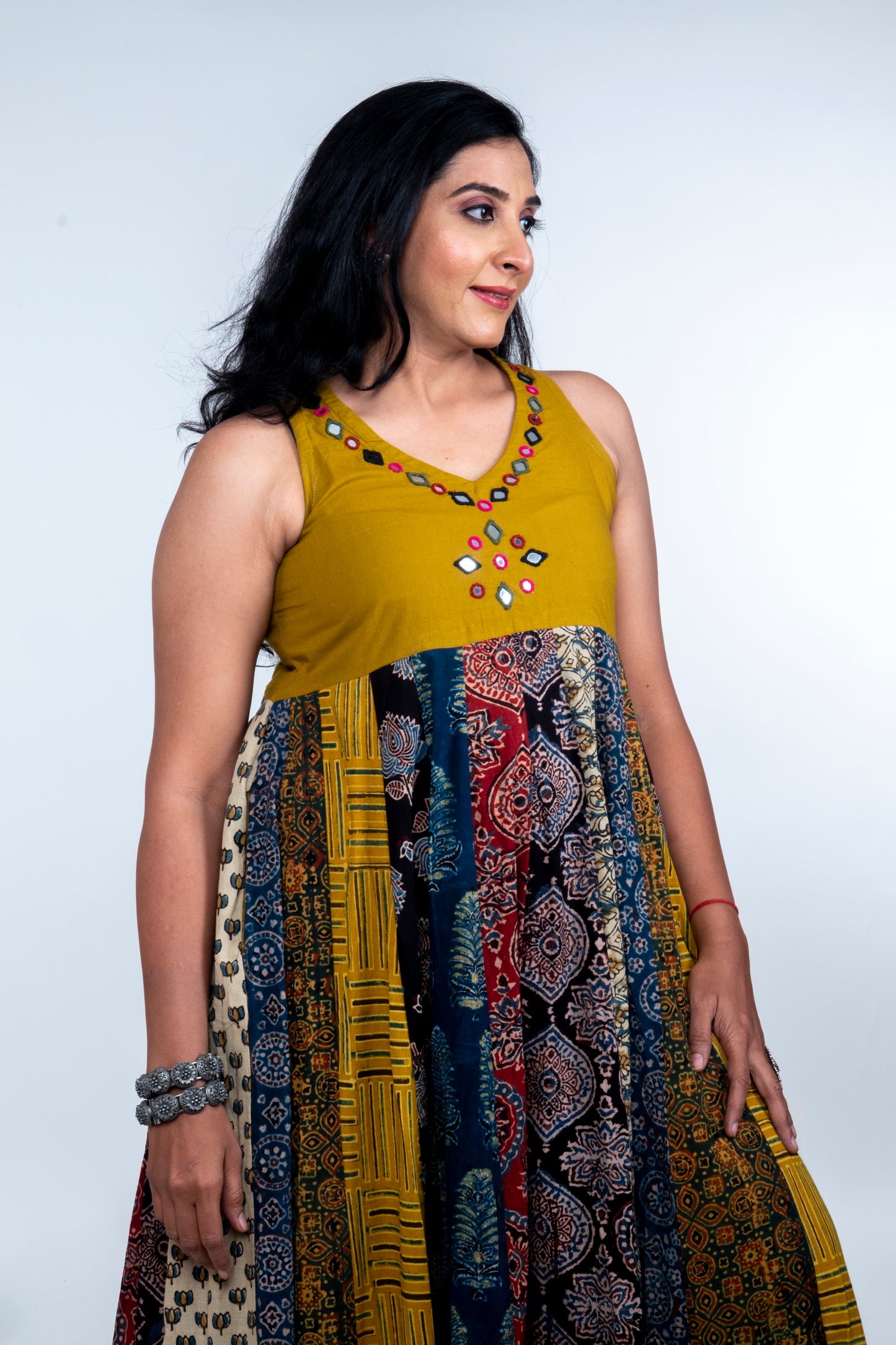 Navrang Dress - Halter Neck Multi-Kali Cotton Fusion - Mustard