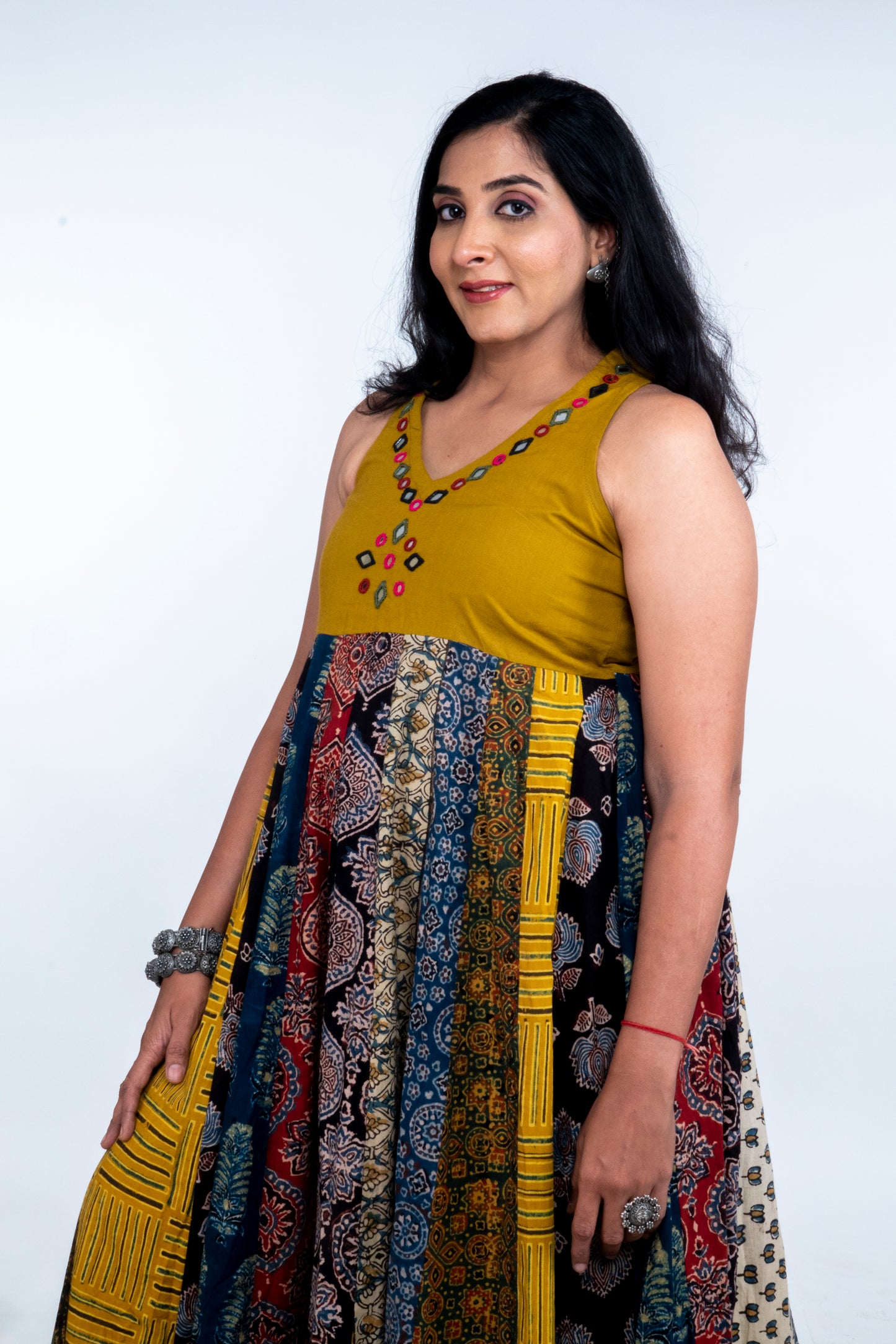 Navrang Dress - Halter Neck Multi-Kali Cotton Fusion - Mustard