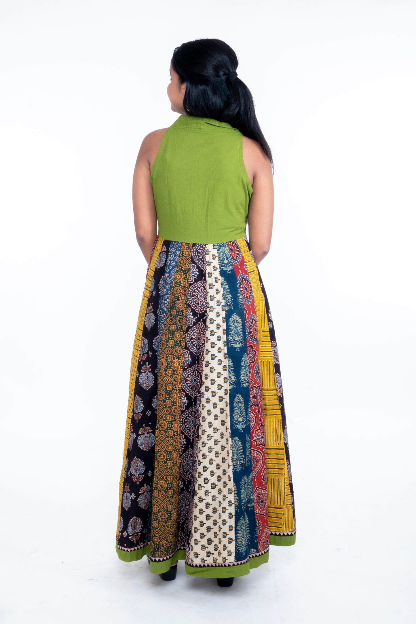 Navrang Dress - Halter Neck Multi-Kali Cotton Fusion - Green