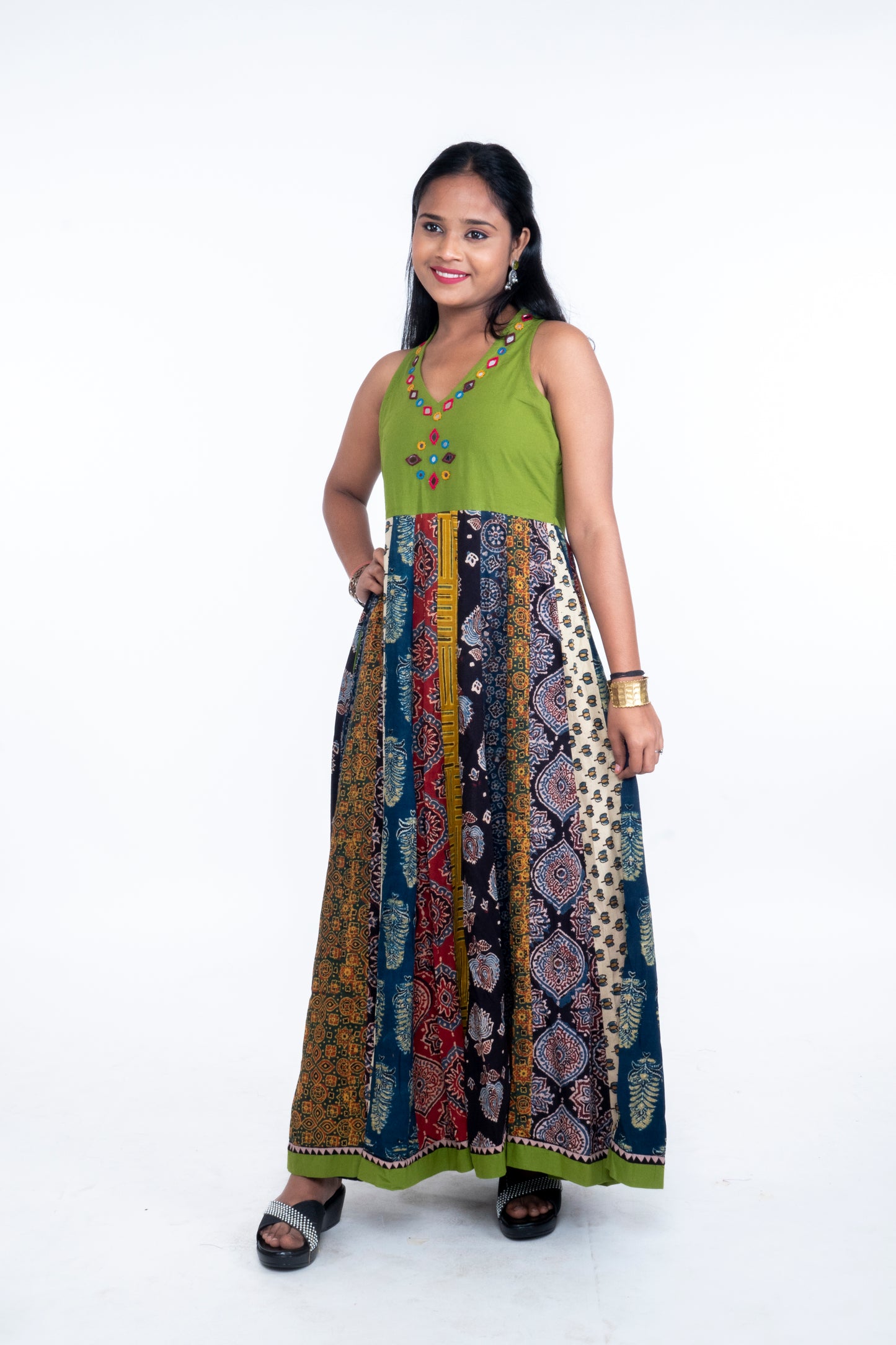 Navrang Dress - Halter Neck Multi-Kali Cotton Fusion - Green