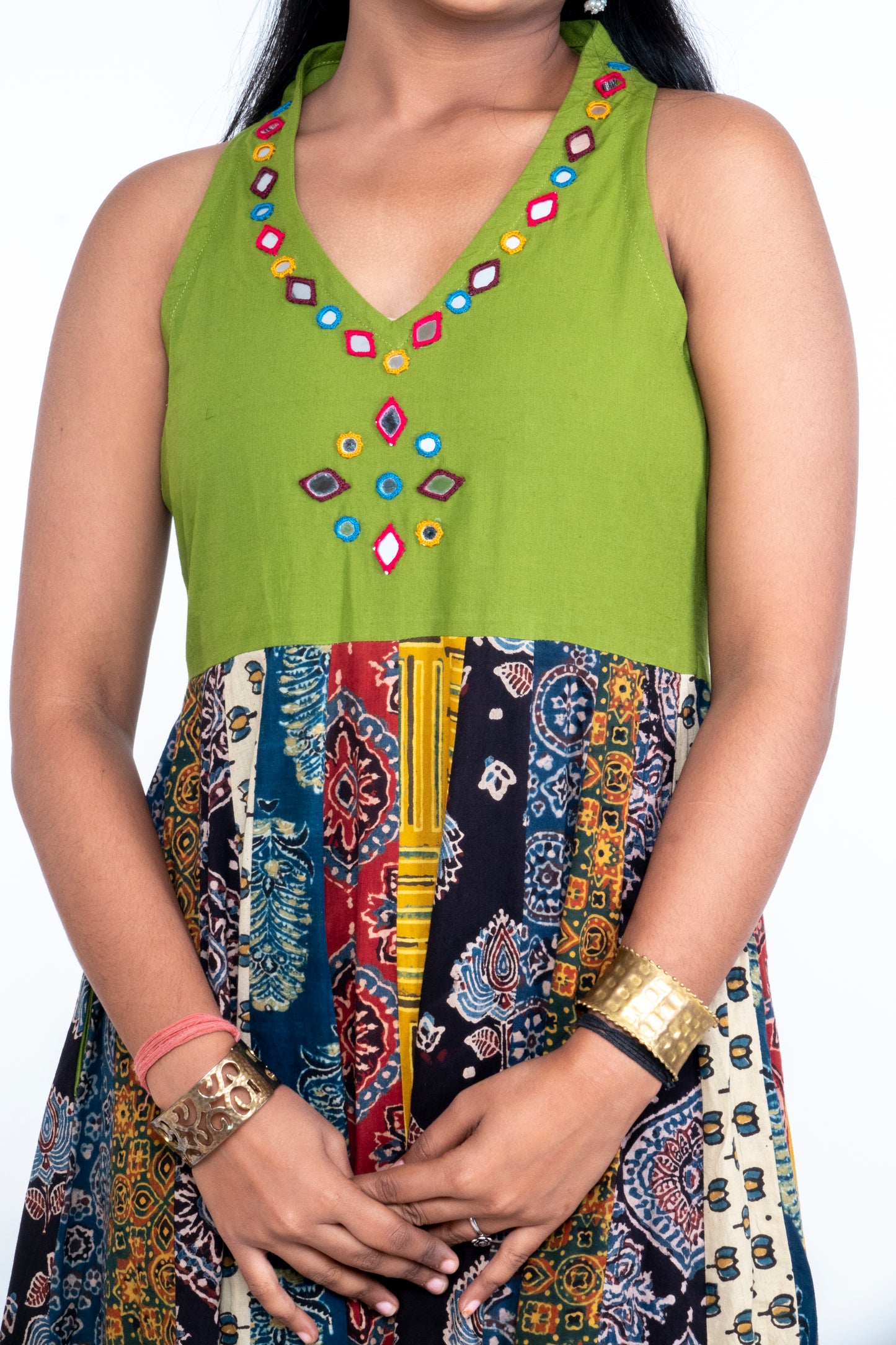 Navrang Dress - Halter Neck Multi-Kali Cotton Fusion - Green