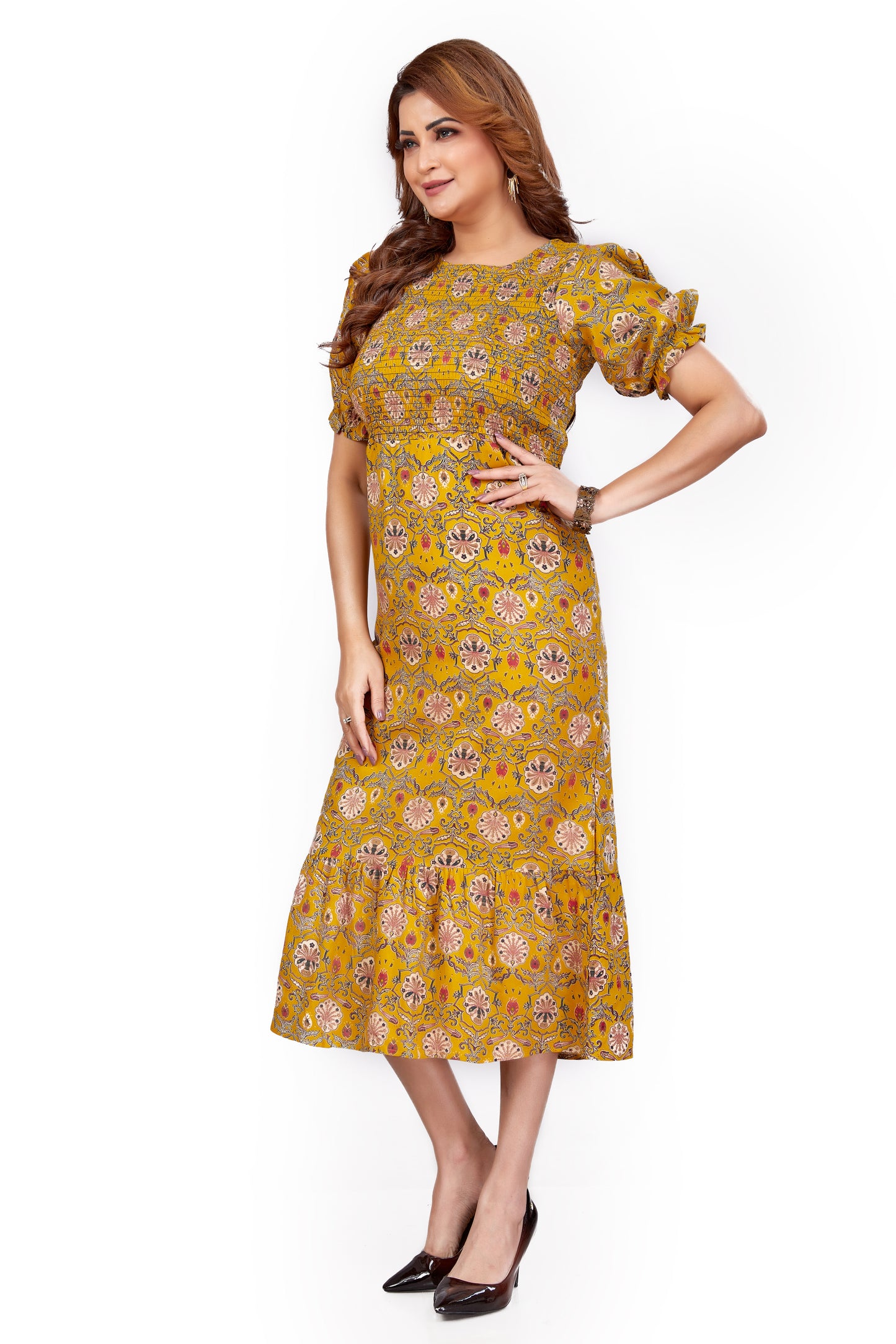 Mustard Kalamkari Floral Smocked Midi Dress