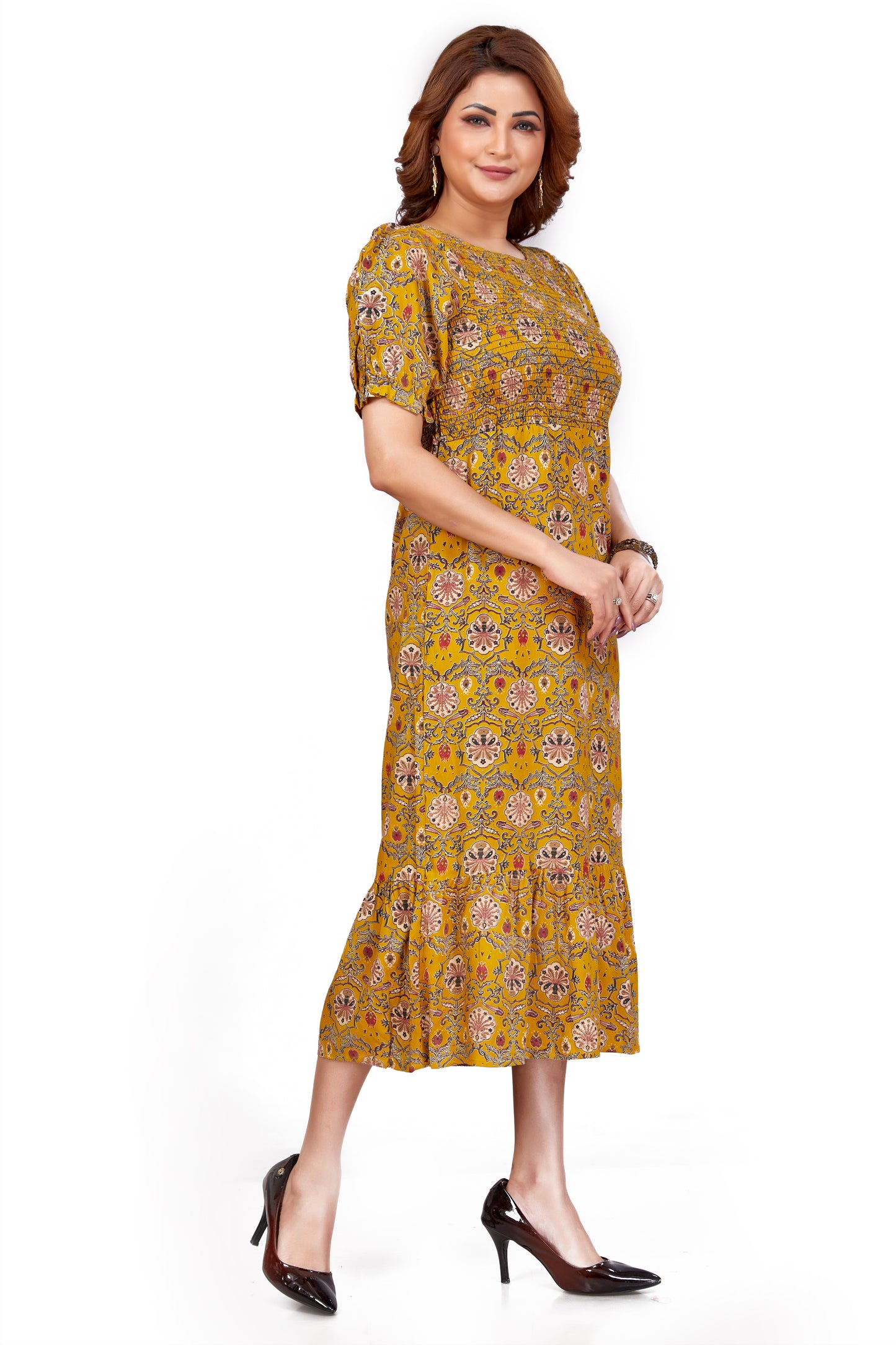 Mustard Kalamkari Floral Smocked Midi Dress