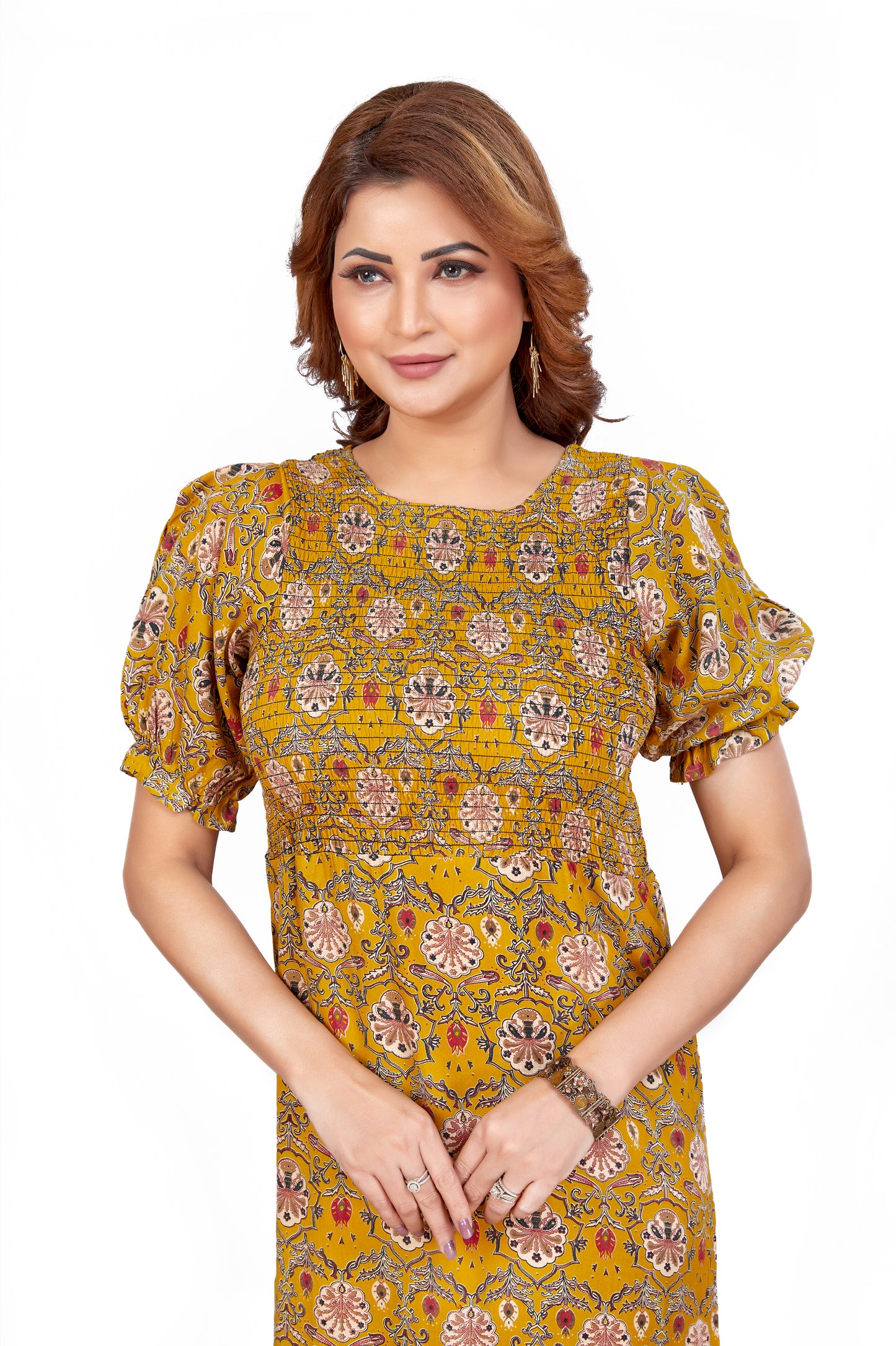 Mustard Kalamkari Floral Smocked Midi Dress