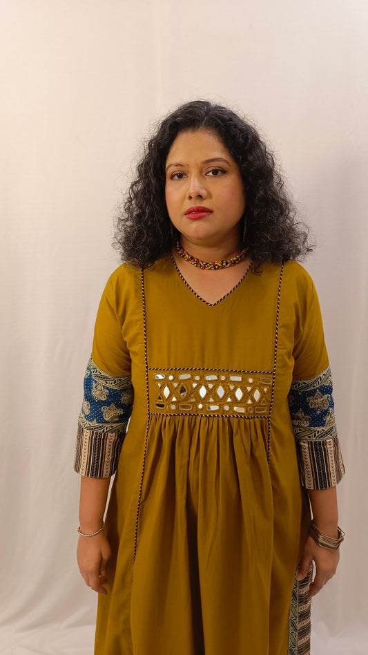Godavari – Ajarakh Cotton One-Piece Dress - Mustard