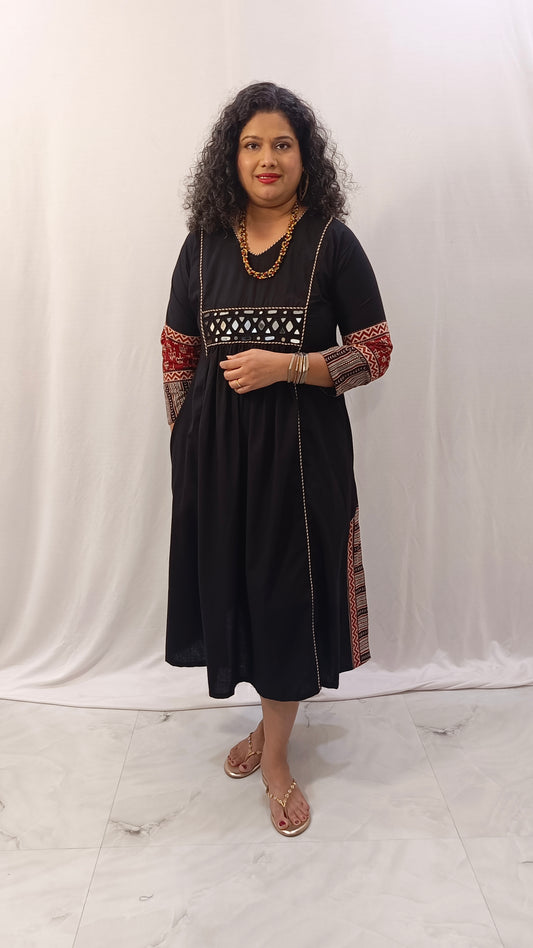 Godavari – Ajarakh Cotton One-Piece Dress - Black