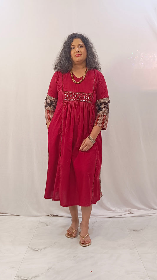 Godavari – Ajarakh Cotton One-Piece Dress - Red
