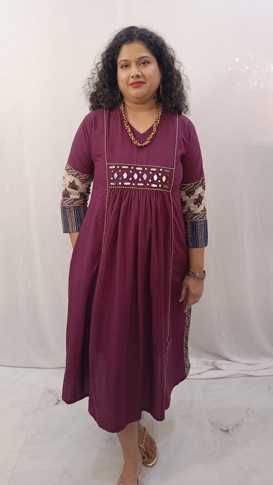 Godavari – Ajarakh Cotton One-Piece Dress - Wine