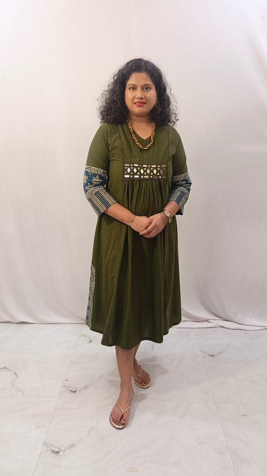 Godavari – Ajarakh Cotton One-Piece Dress - Mehendi Green