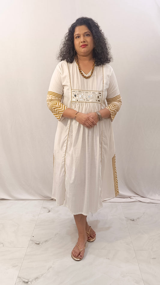 Godavari – Ajarakh Cotton One-Piece Dress - White