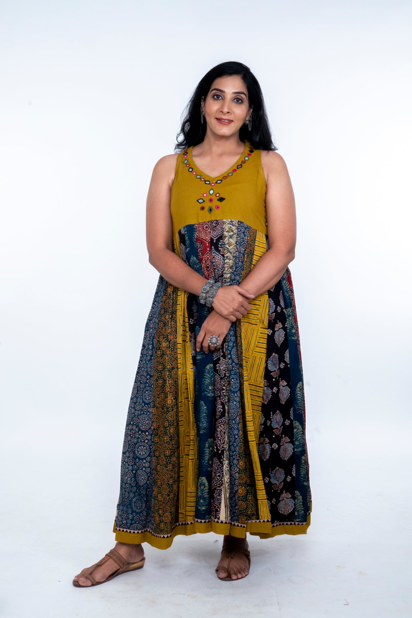 Navrang Dress - Halter Neck Multi-Kali Cotton Fusion - Mustard