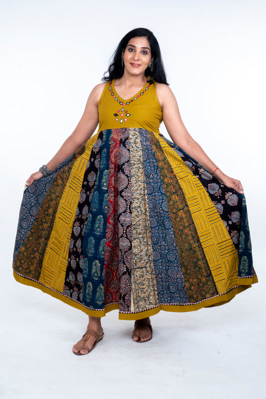 Navrang Dress - Halter Neck Multi-Kali Cotton Fusion - Mustard