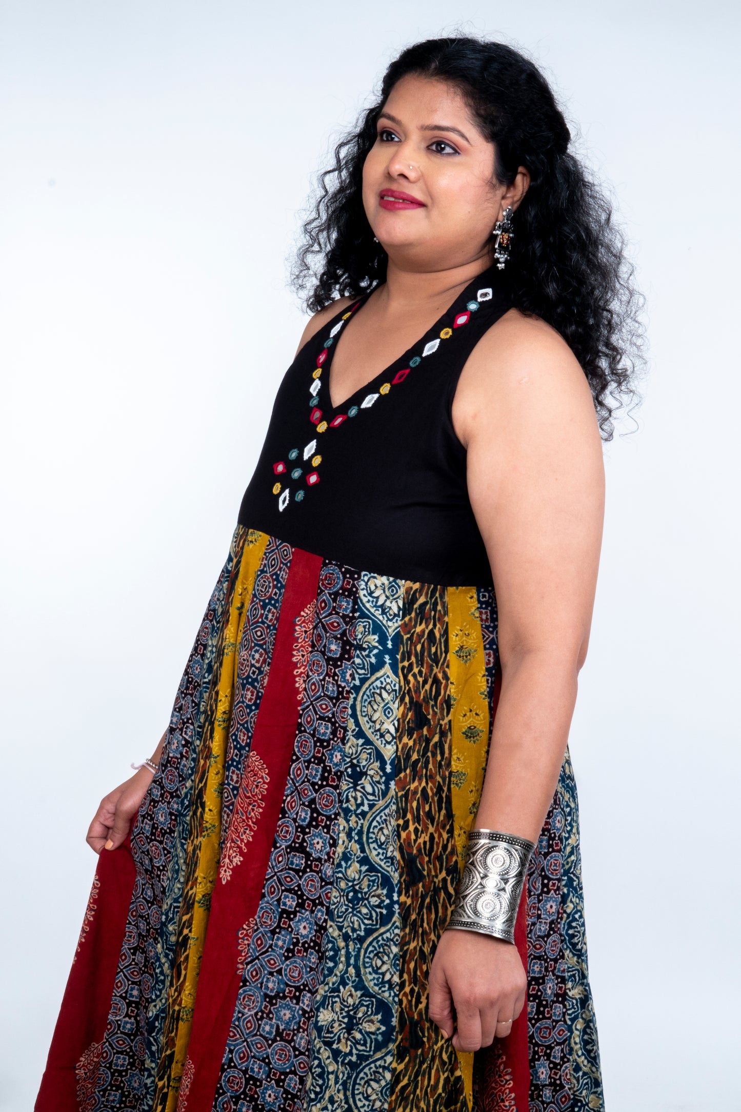 Navrang Dress - Halter Neck Multi-Kali Cotton Fusion - Black