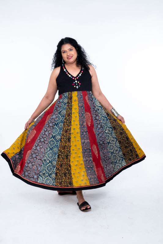 Navrang Dress - Halter Neck Multi-Kali Cotton Fusion - Black