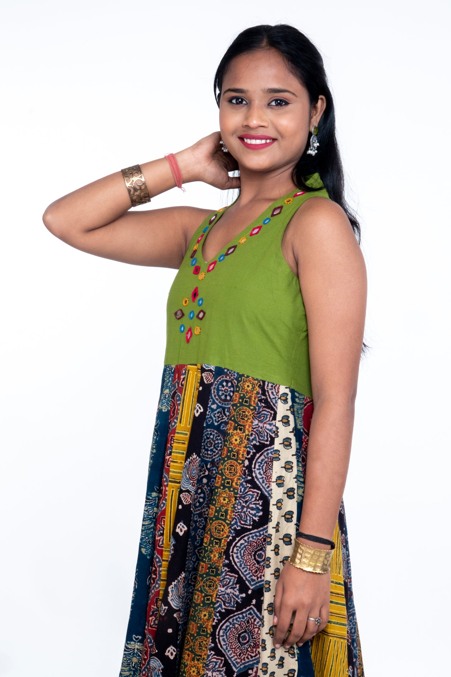 Navrang Dress - Halter Neck Multi-Kali Cotton Fusion - Green