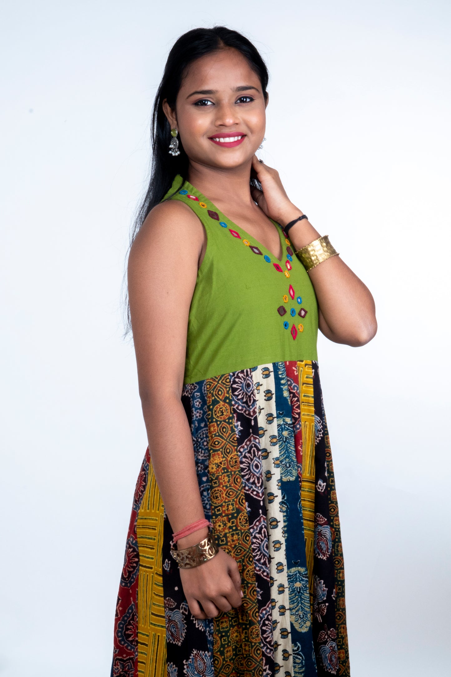 Navrang Dress - Halter Neck Multi-Kali Cotton Fusion - Green