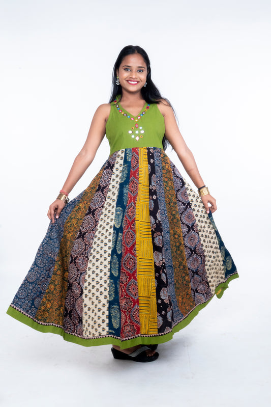 Navrang Dress - Halter Neck Multi-Kali Cotton Fusion - Green