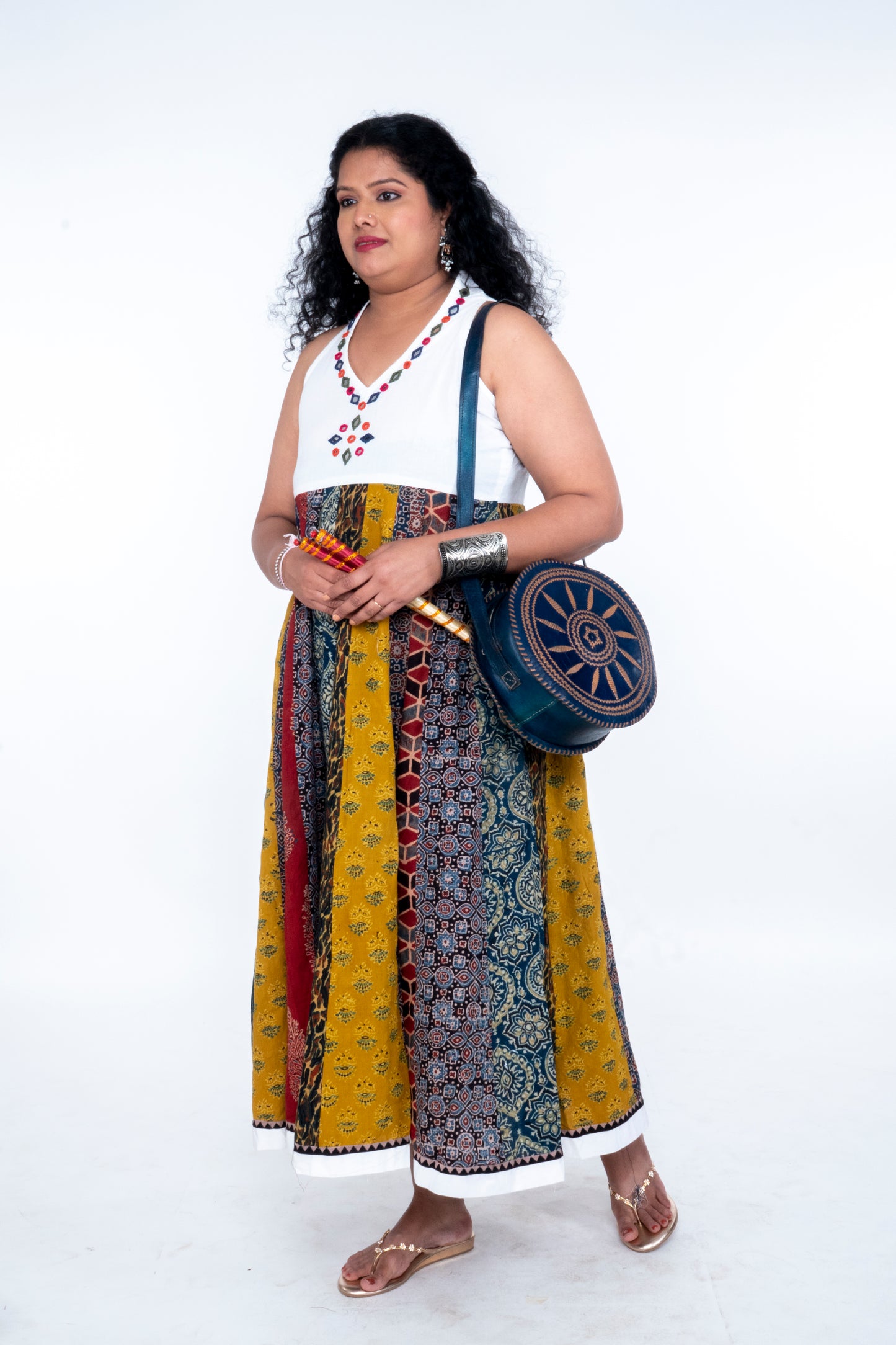 Navrang Dress - Halter Neck Multi-Kali Cotton Fusion - White