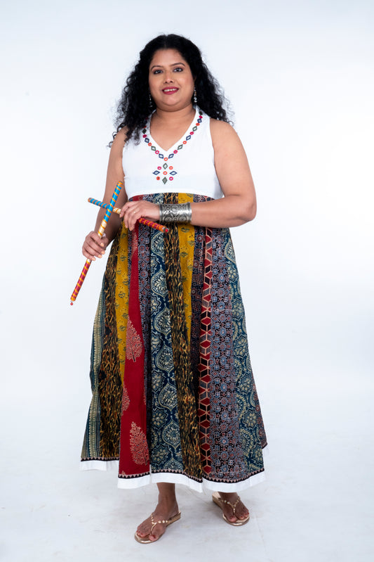 Navrang Dress - Halter Neck Multi-Kali Cotton Fusion - White