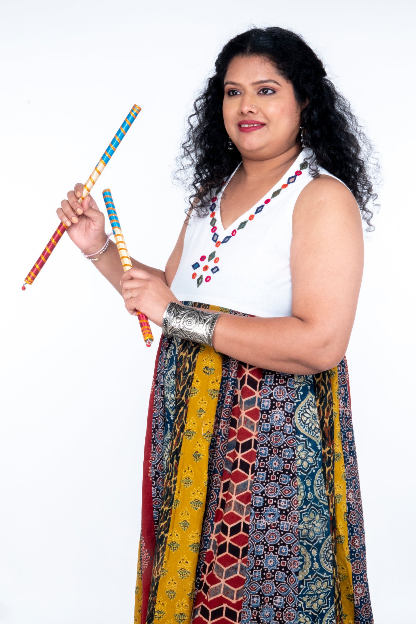 Navrang Dress - Halter Neck Multi-Kali Cotton Fusion - White