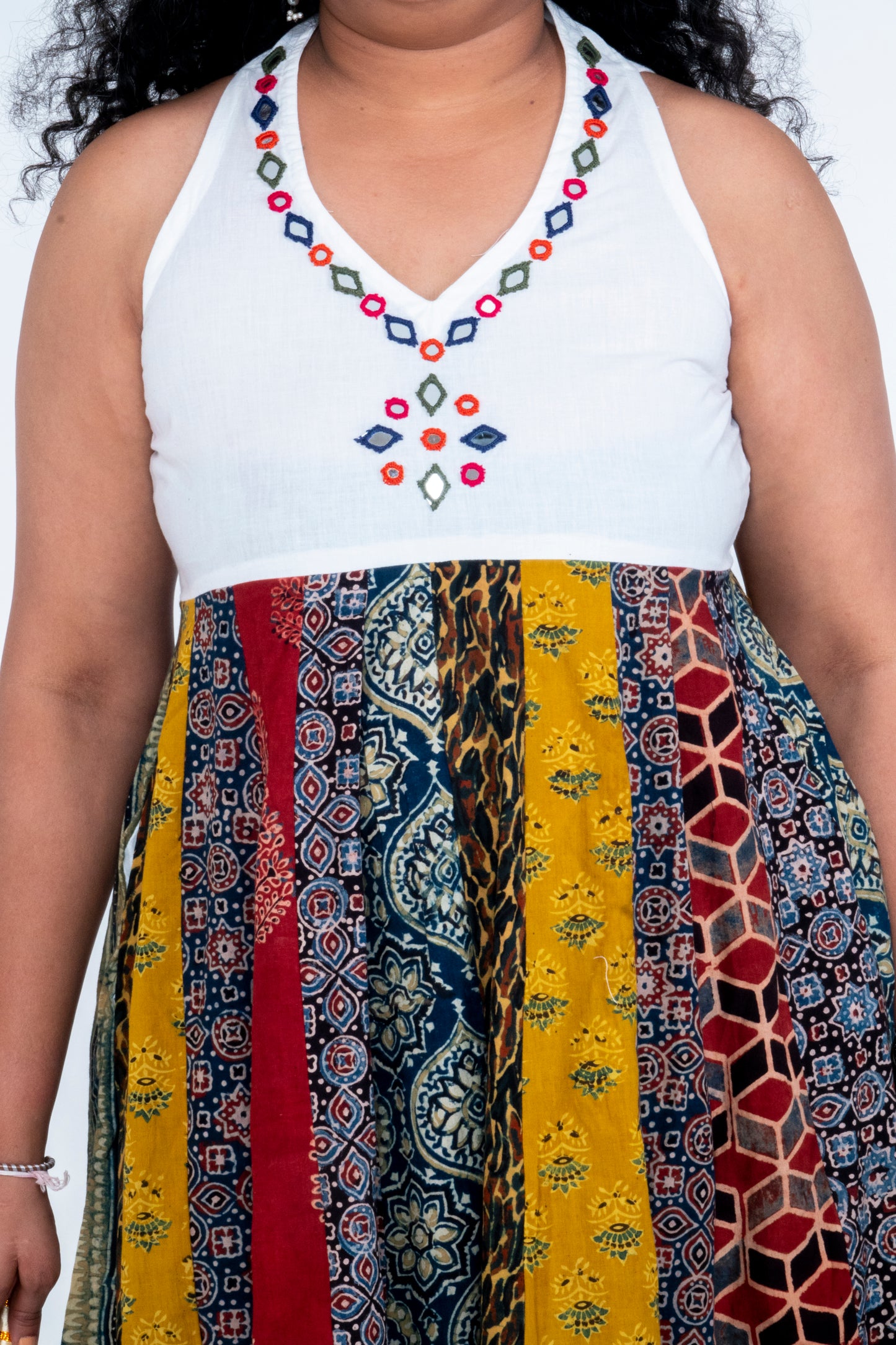 Navrang Dress - Halter Neck Multi-Kali Cotton Fusion - White