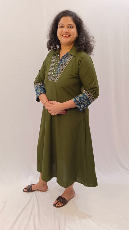 Kaveri – Cotton Fusion Dress - Mehendi Green