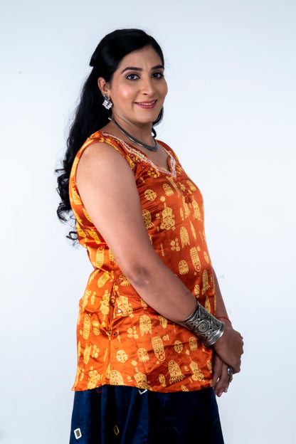 Kadambari – Mashru Short Top - Orange