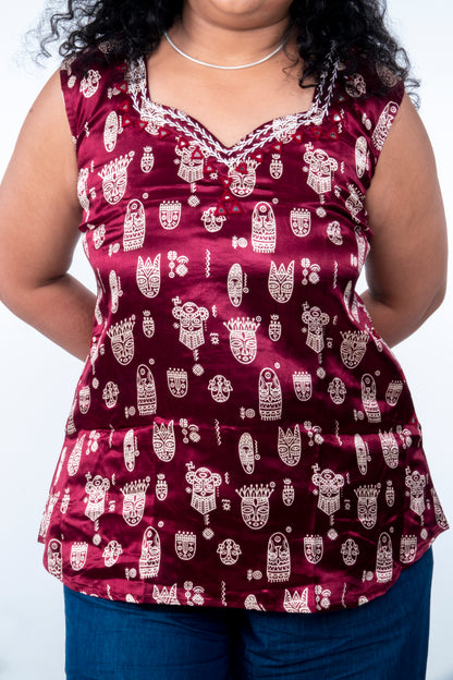 Kadambari – Mashru Short Top - Maroon