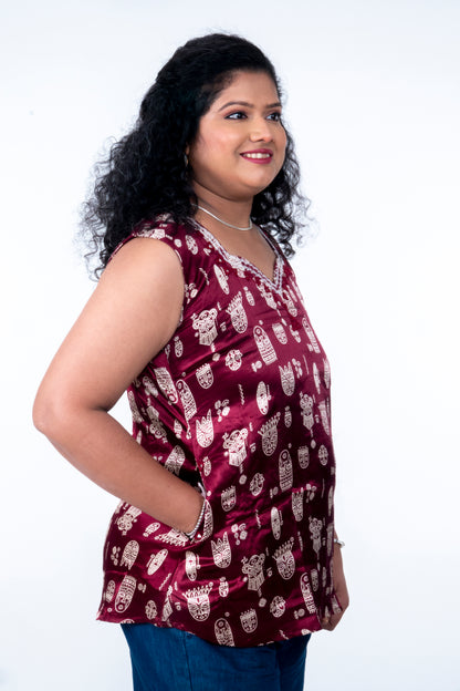 Kadambari – Mashru Short Top - Maroon