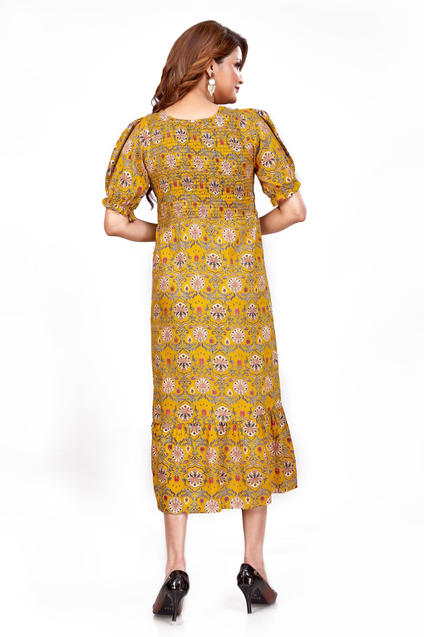 Mustard Kalamkari Floral Smocked Midi Dress