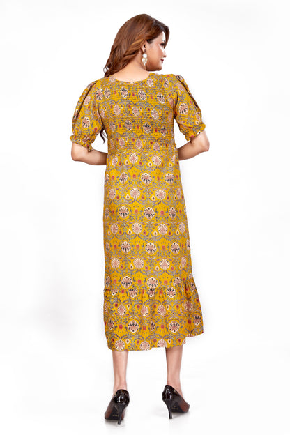 Mustard Kalamkari Floral Smocked Midi Dress