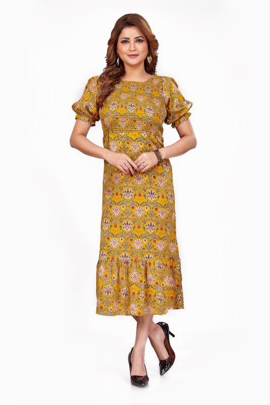 Mustard Kalamkari Floral Smocked Midi Dress